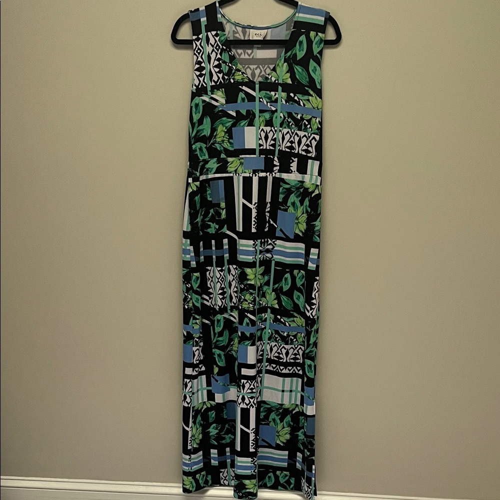 ECI Geometric and Leaf Print Maxi Dress - Black, Green, Blue